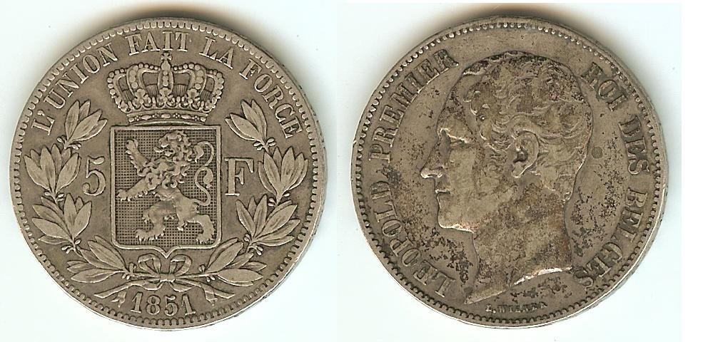 Belgium 5 Francs Leopold I 1851 VF/EF